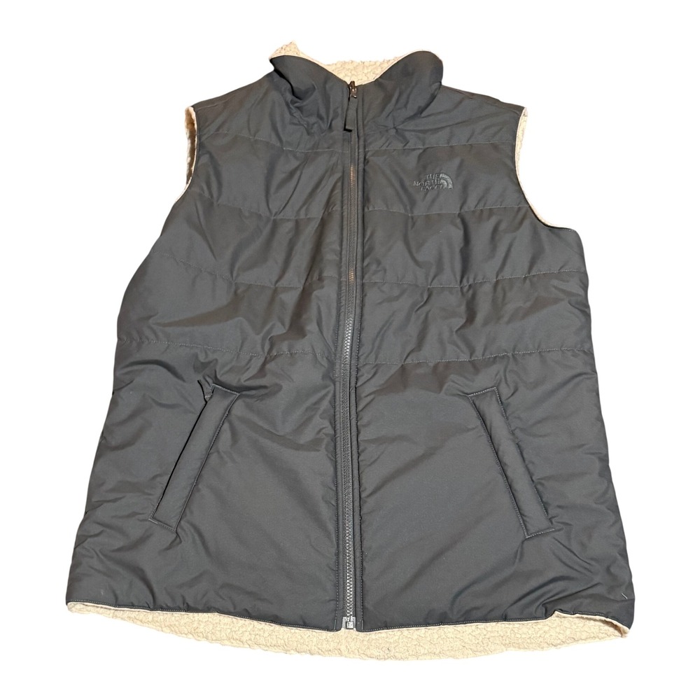 The North Face Mossbud Reversible Vest Womens Large Grey Cream Fleece Quilted